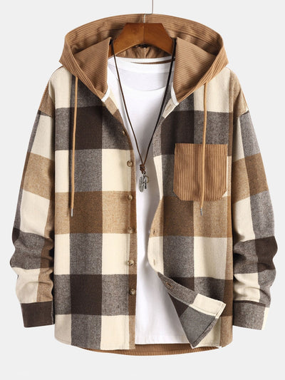 Relax Fit Flannel Plaid Corduroy Patchwork Hooded Shirt - Noémie Belmonte