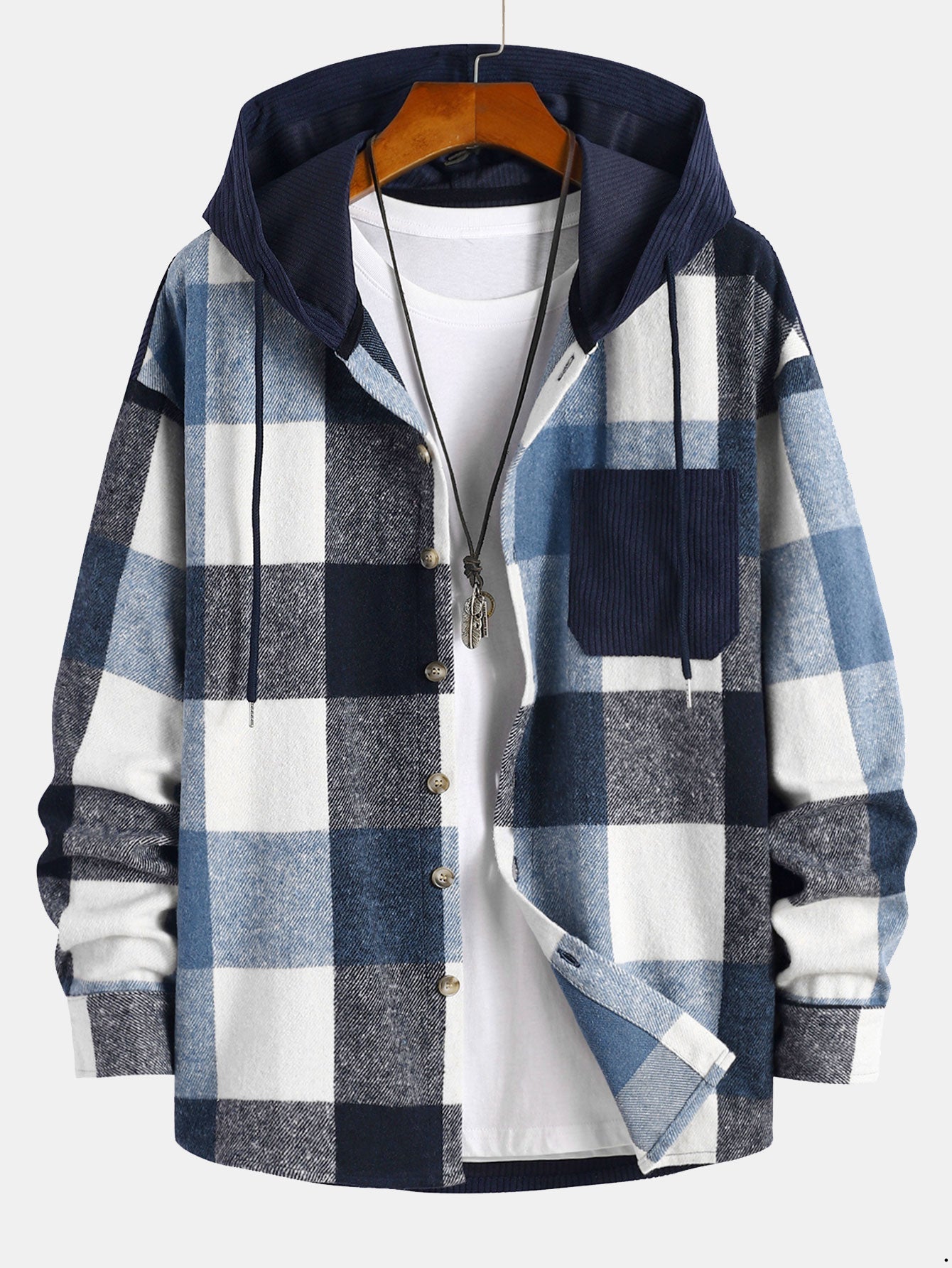 Relax Fit Flannel Plaid Corduroy Patchwork Hooded Shirt - Noémie Belmonte